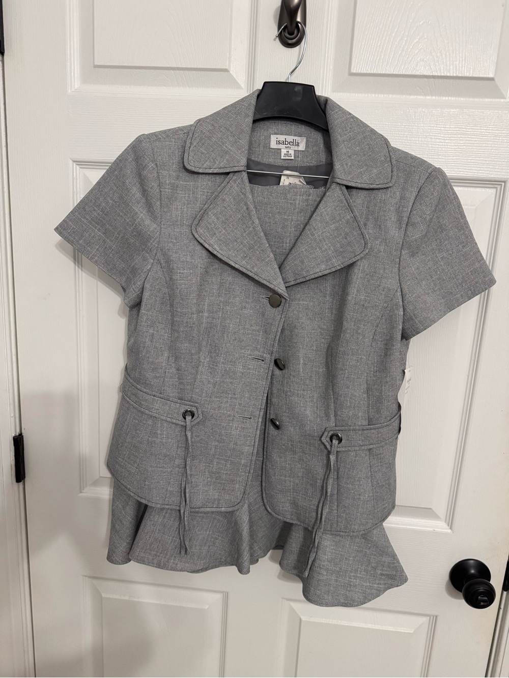 Abella Light Gray Short-Sleeve Peplum Blazer with Drawstring Waist